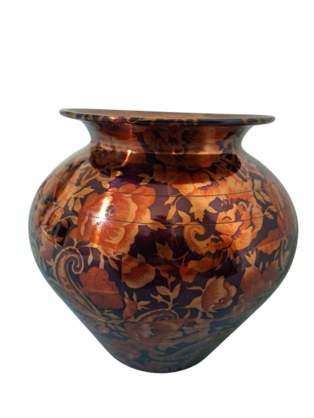 Printed Design Copper Vase Purple Florals And Paisley Signed
